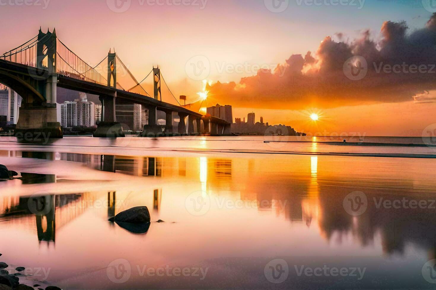 de Sol uppsättningar över en bro och stad horisont. ai-genererad foto
