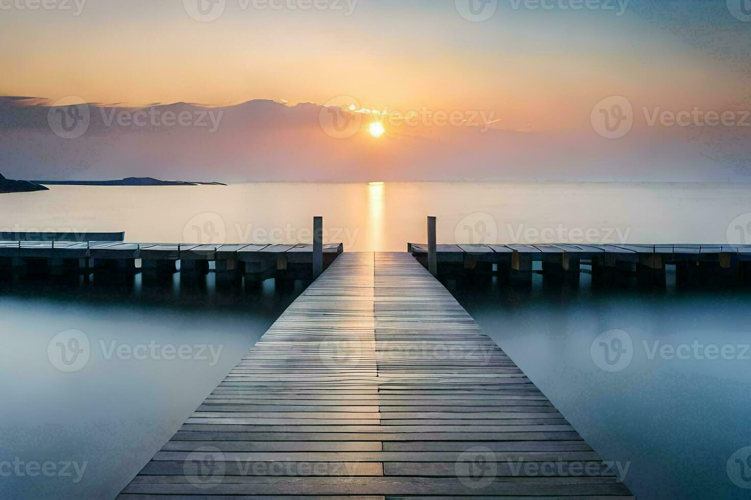 en trä- docka sträckor ut in i de hav på solnedgång. ai-genererad foto