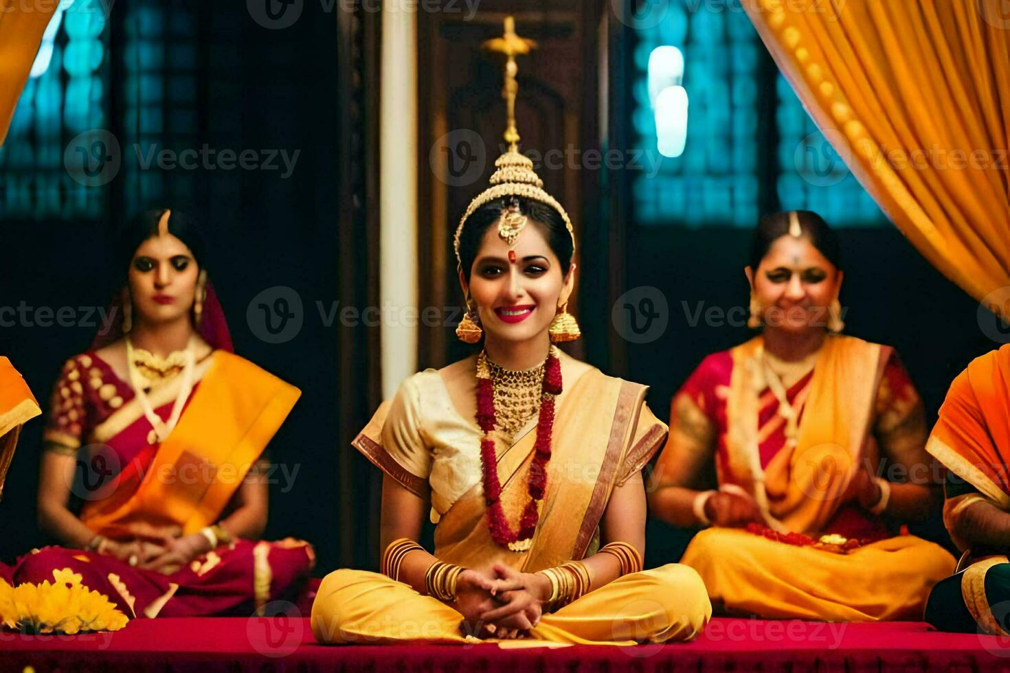 en kvinna i traditionell indisk klädsel sitter med henne vänner. ai-genererad foto