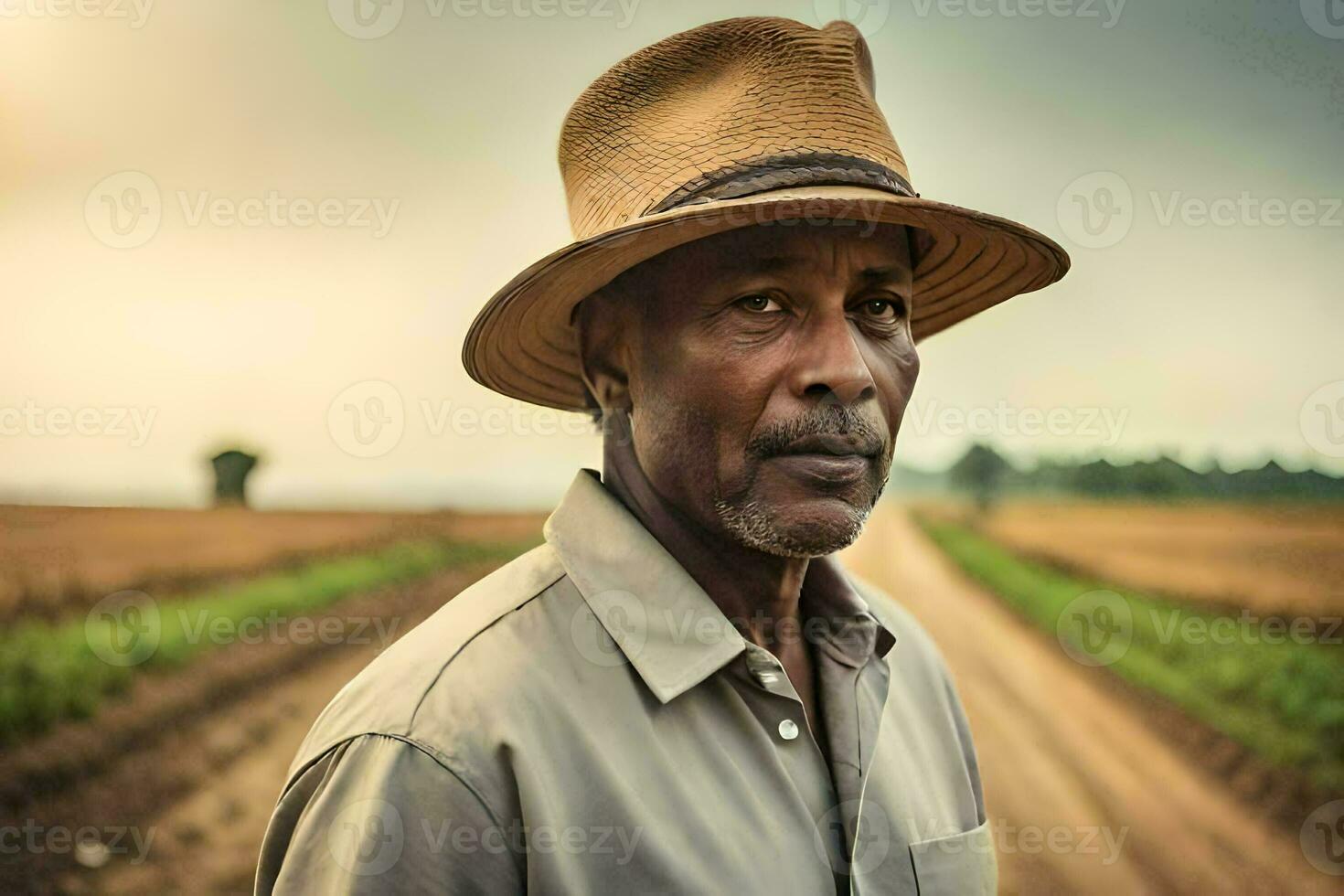 en man i en hatt står i en fält. ai-genererad foto