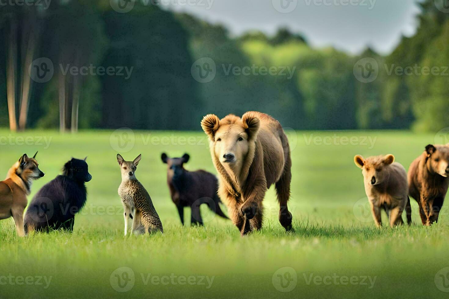 en grupp av djur gående i en fält. ai-genererad foto