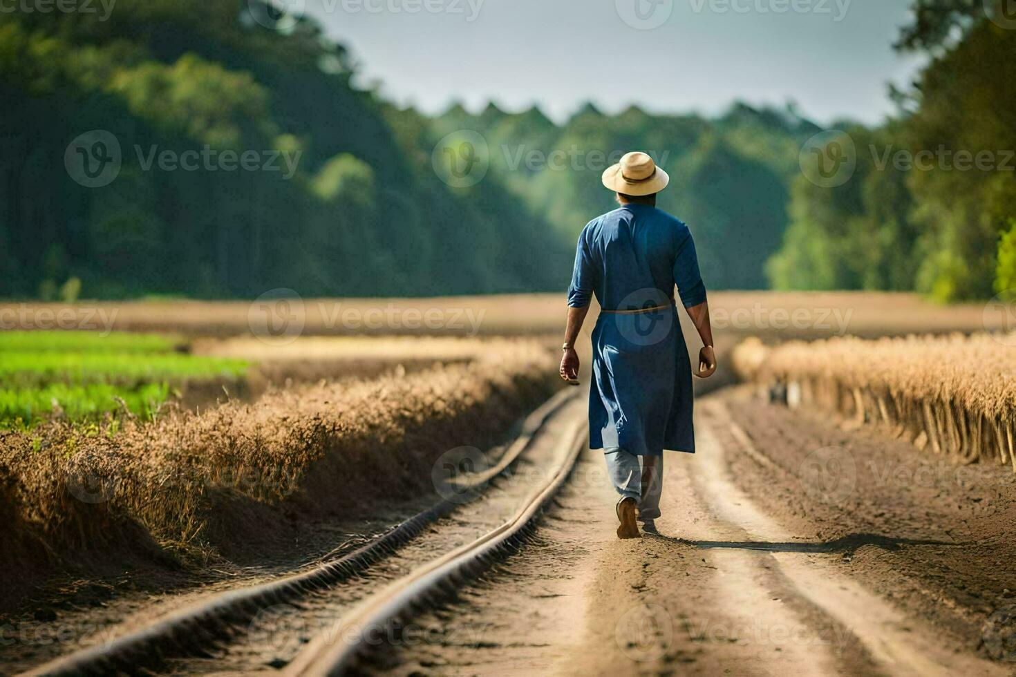 en man i en blå klänning och hatt gående ner en smuts väg. ai-genererad foto