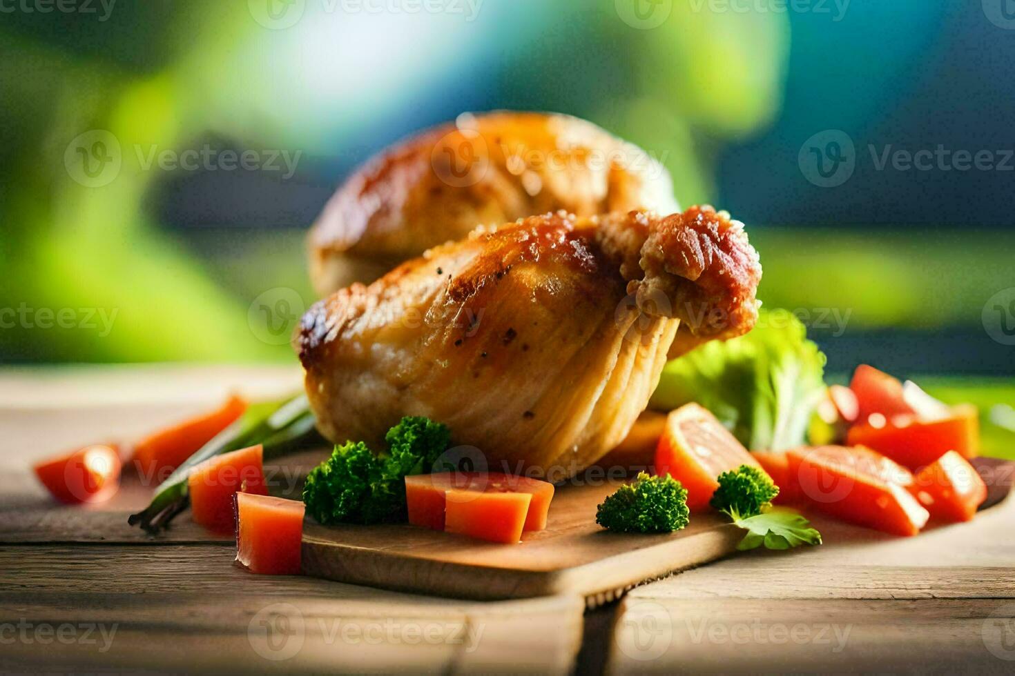 en kyckling på en skärande styrelse med grönsaker. ai-genererad foto