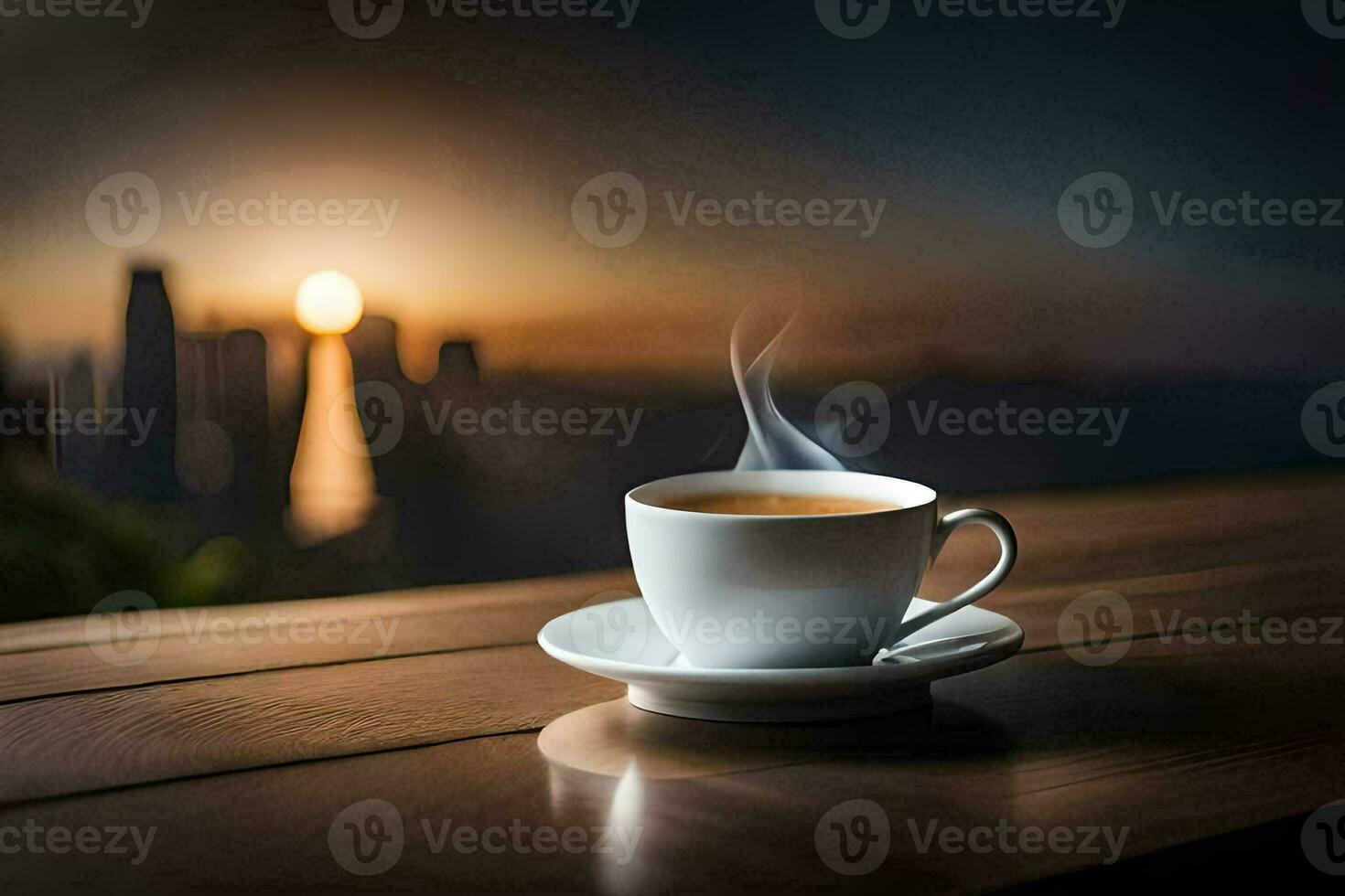 en kopp av kaffe på en trä- tabell med en stadsbild i de bakgrund. ai-genererad foto