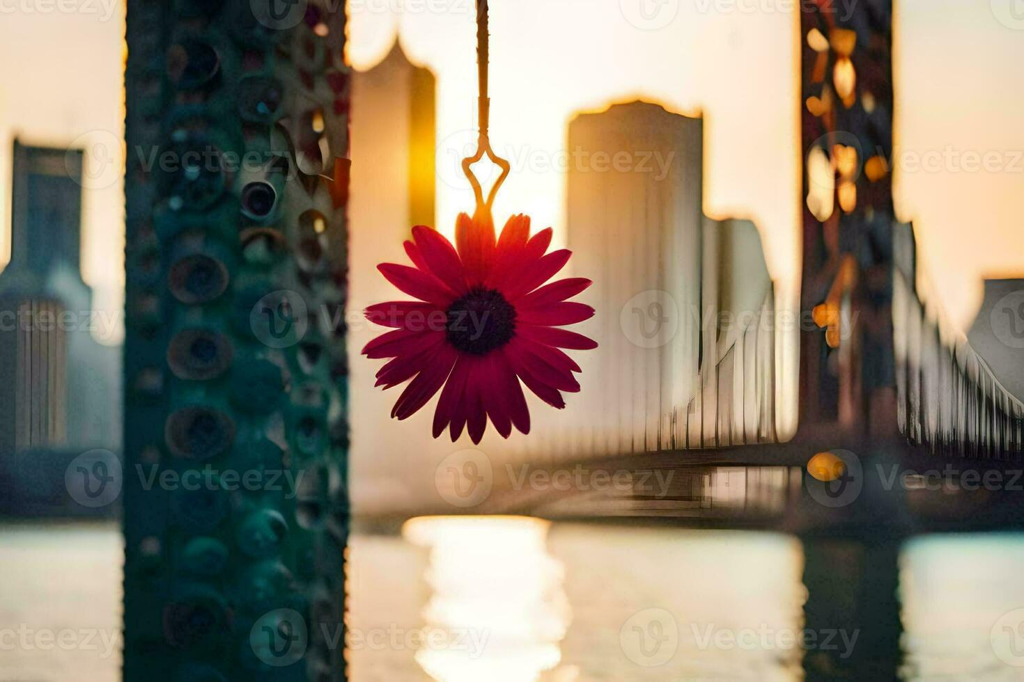 en röd blomma hängande från en Pol i främre av en stad horisont. ai-genererad foto