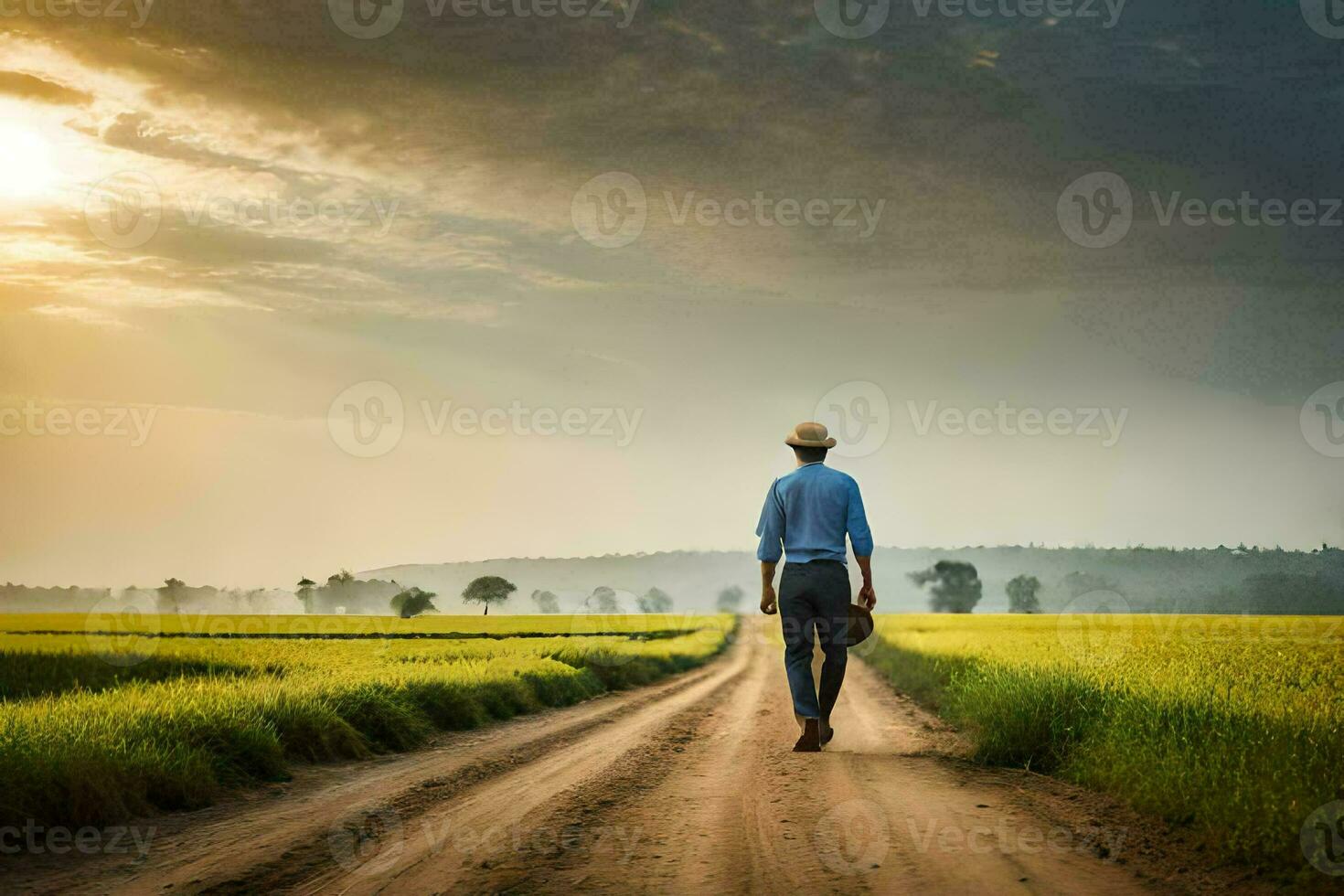 en man gående ner en smuts väg i en fält. ai-genererad foto