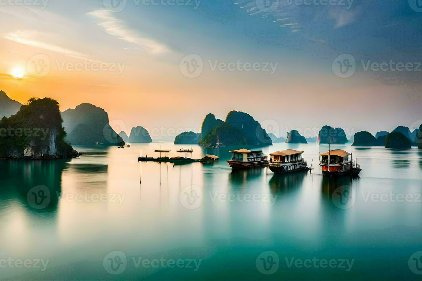 båtar i de vatten på solnedgång i halong bukt. ai-genererad foto