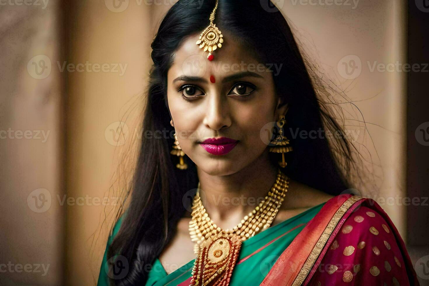 en skön indisk kvinna bär en sari och Smycken. ai-genererad foto