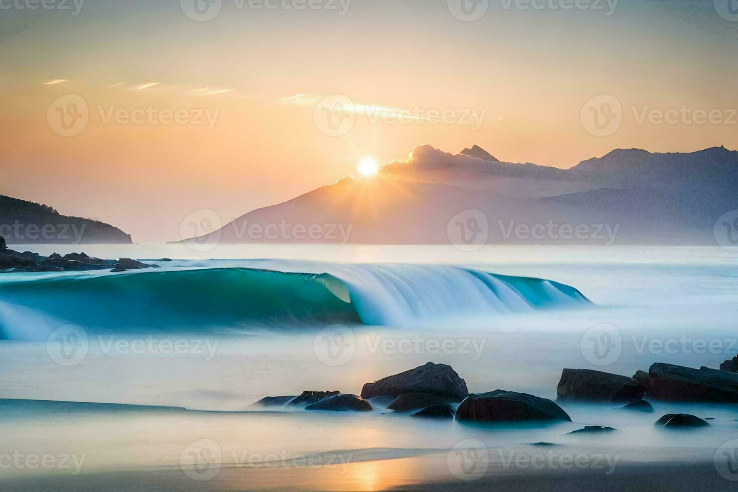 de Sol stiger över en Vinka på de strand. ai-genererad foto