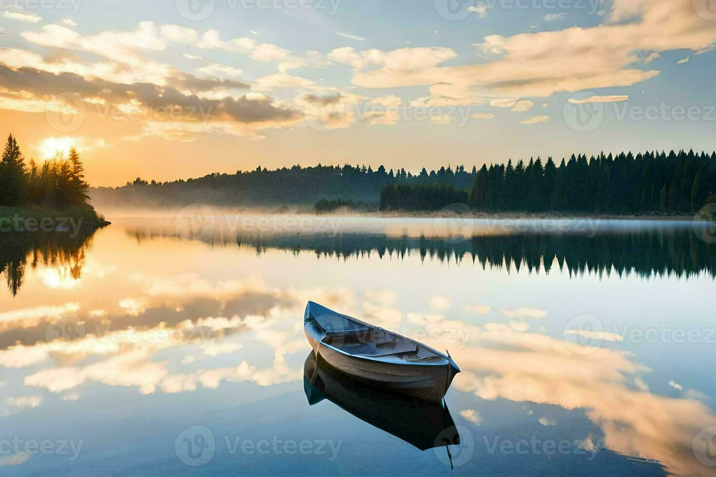 en båt på en sjö på solnedgång. ai-genererad foto