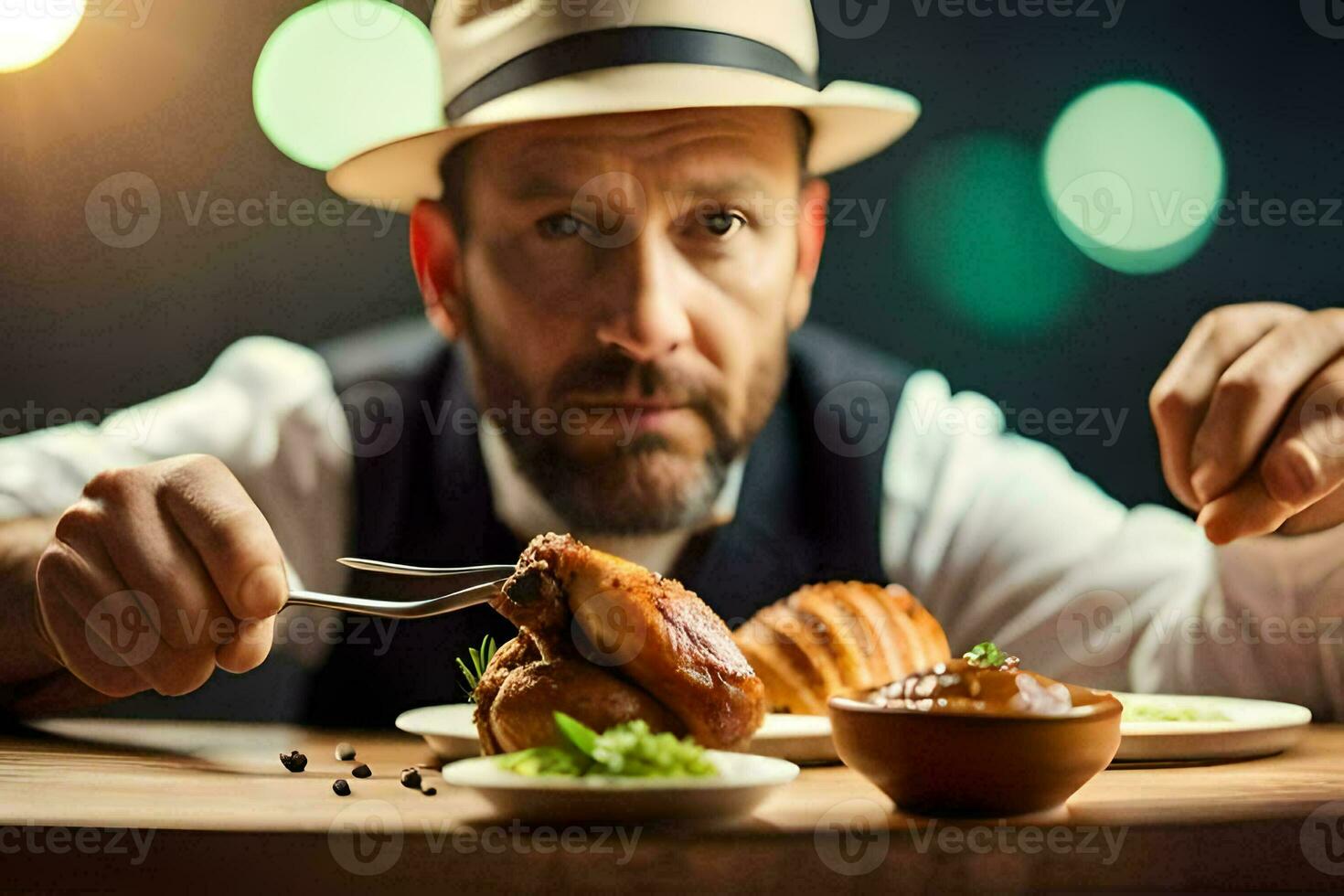 en man i en hatt är äter en kyckling smörgås. ai-genererad foto