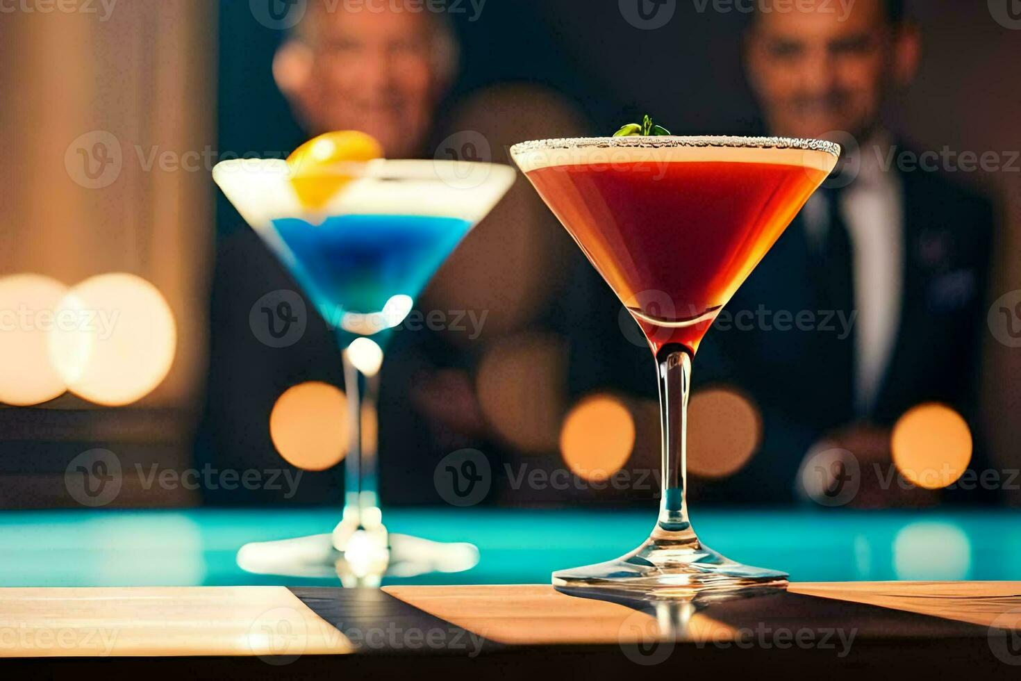 två cocktails sitta på en bar med en man Bakom dem. ai-genererad foto