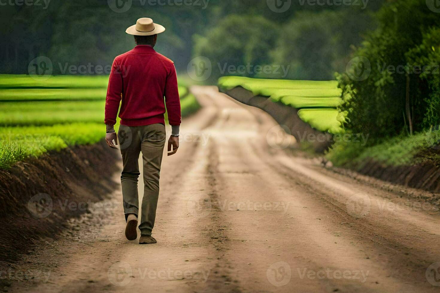 en man i en röd skjorta och hatt gående ner en smuts väg. ai-genererad foto