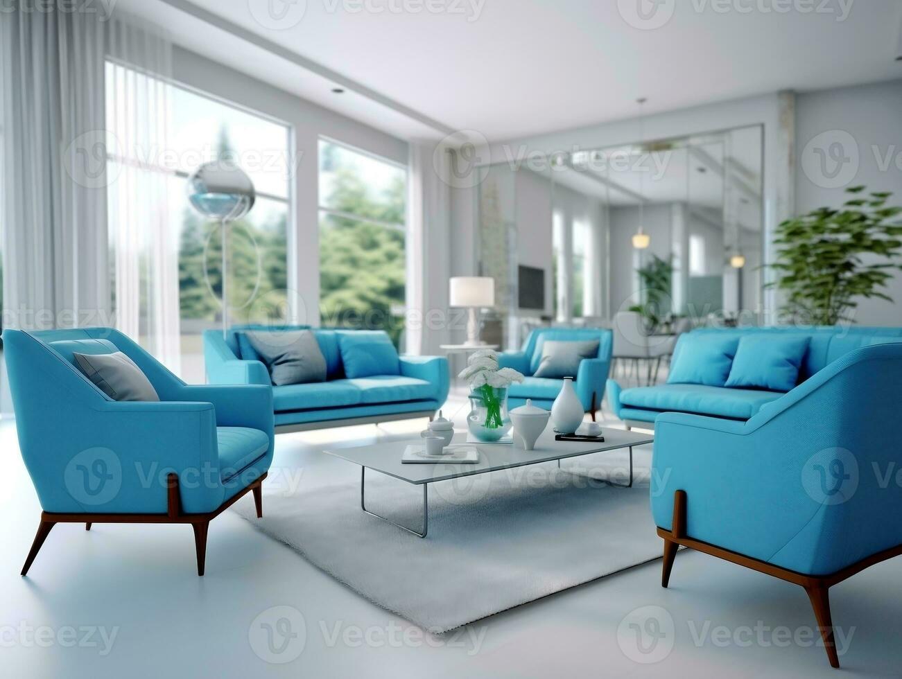 interiör modern levande rum med blå fåtöljer och kaffe tabell generativ ai foto