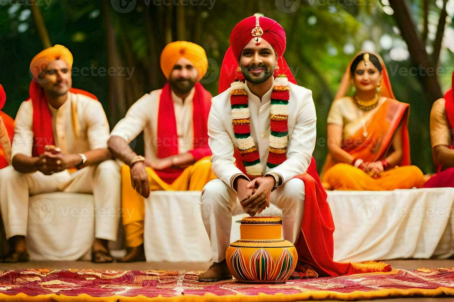 indisk bröllop ceremoni med de brudgum i en turban. ai-genererad foto