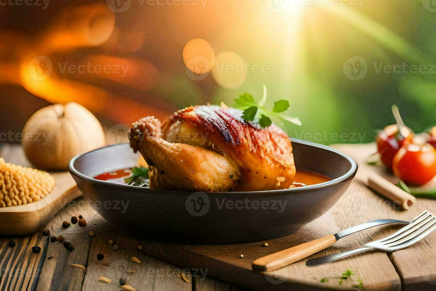 kyckling i en skål med tomat sås och kryddor. ai-genererad foto