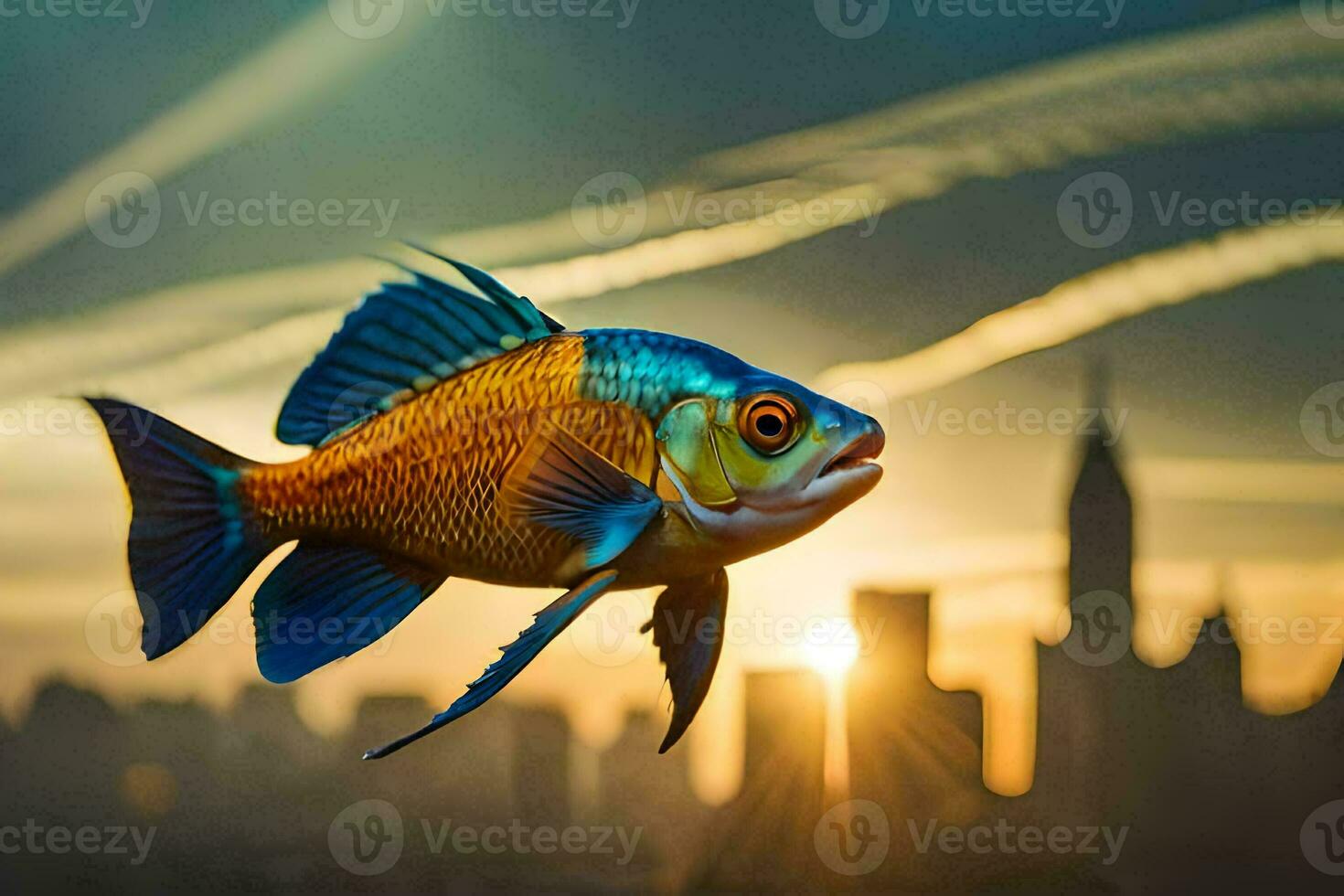 en fisk i främre av en stad horisont med rök kommande ut av Det. ai-genererad foto