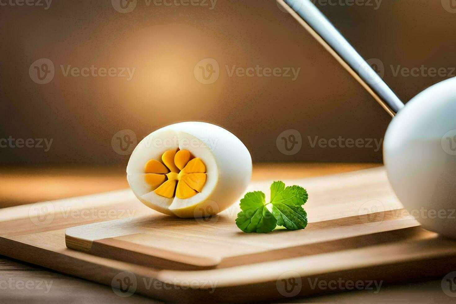 en kokt ägg på en skärande styrelse med en kniv. ai-genererad foto