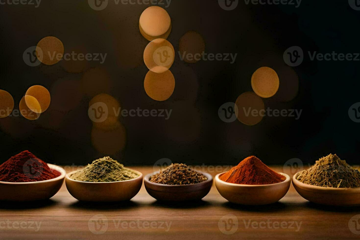fem annorlunda typer av kryddor i trä- skålar. ai-genererad foto