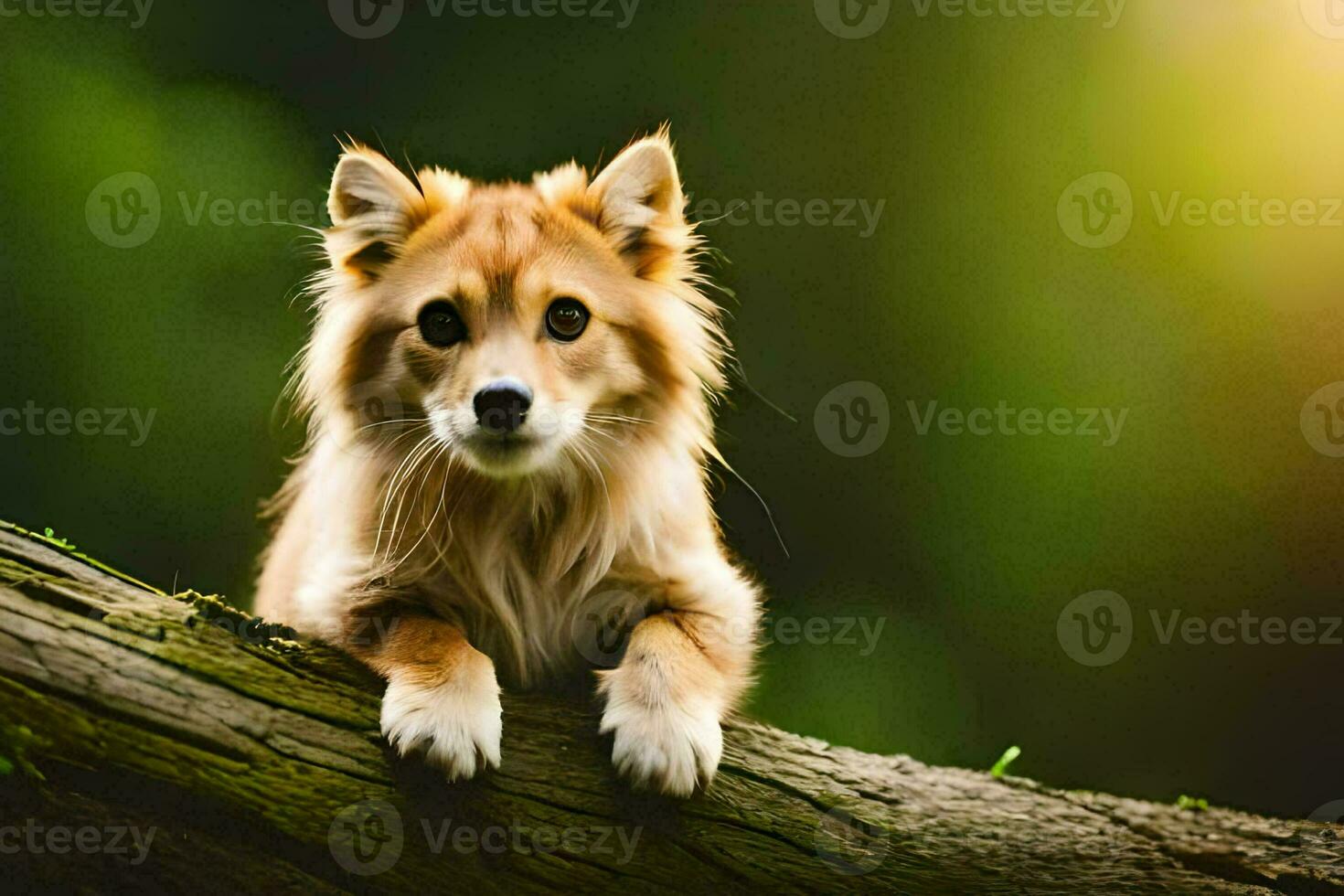 en hund Sammanträde på en träd gren. ai-genererad foto