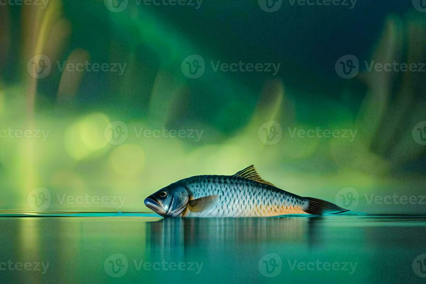 en fisk flytande på de vatten med en grön bakgrund. ai-genererad foto