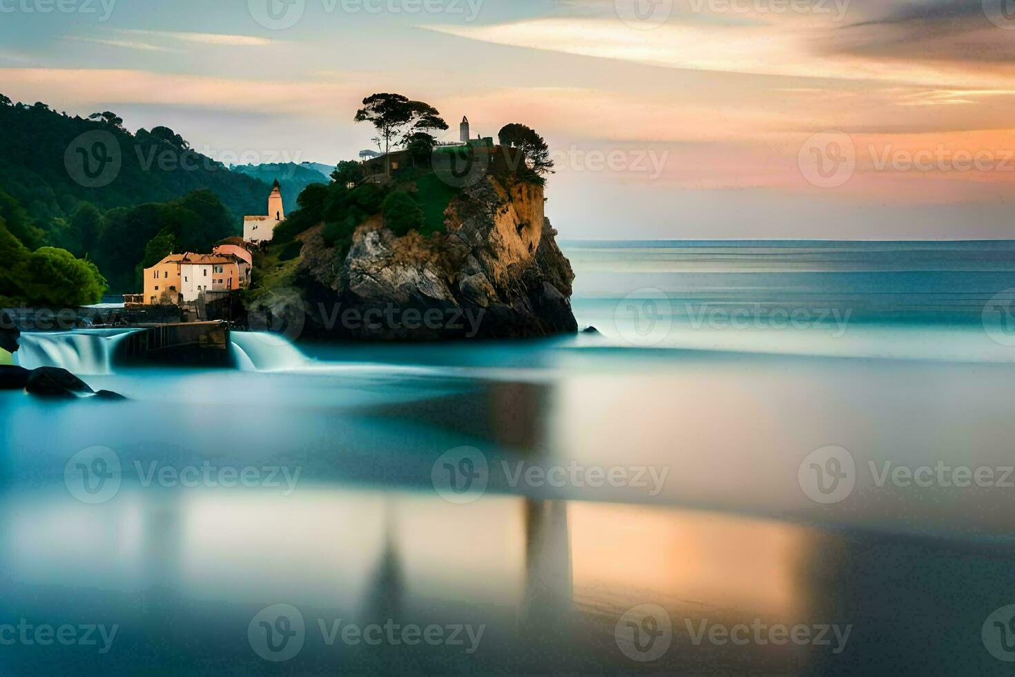 en små kyrka sitter på topp av en klippa utsikt de hav. ai-genererad foto