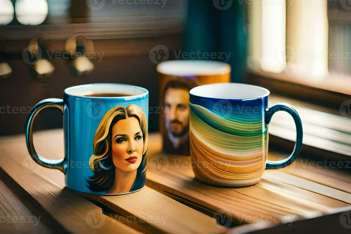två kaffe muggar med en kvinnas ansikte på dem. ai-genererad foto