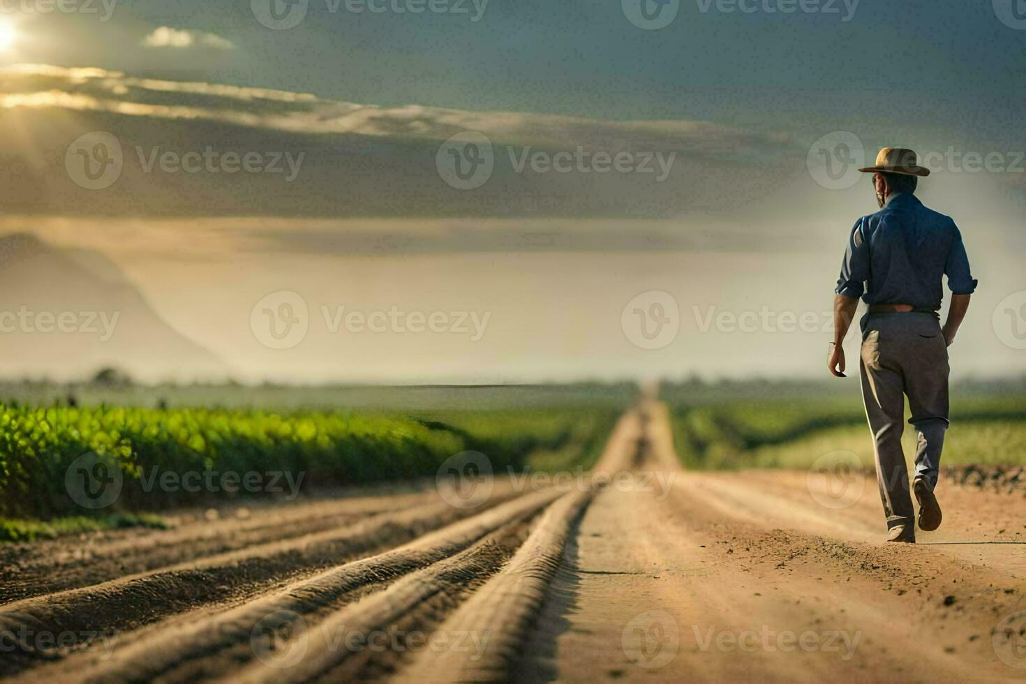 en man i en hatt promenader ner en smuts väg. ai-genererad foto
