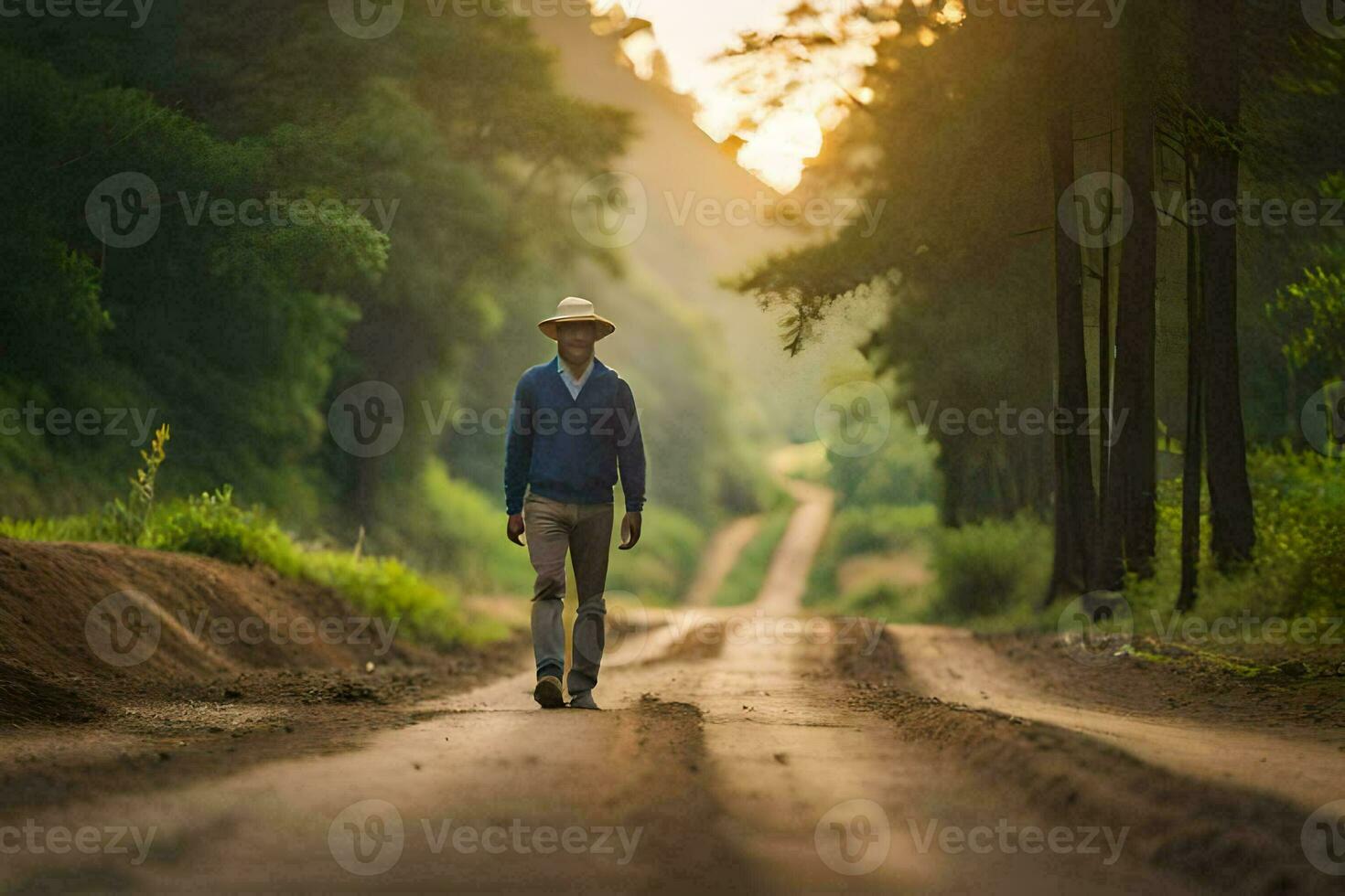 en man i en hatt promenader ner en smuts väg. ai-genererad foto