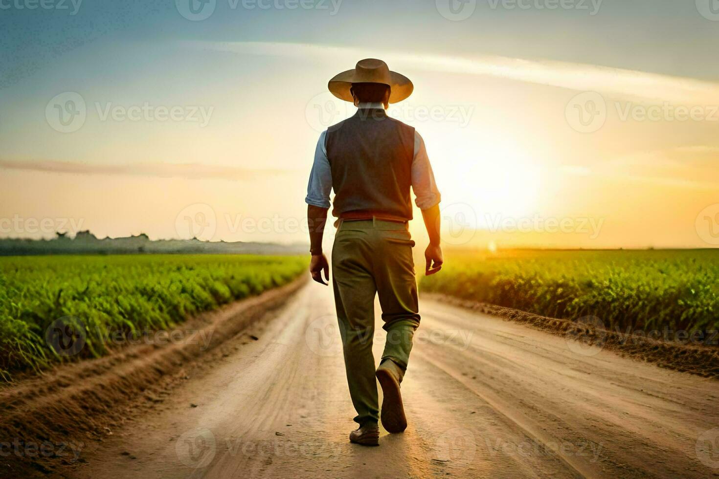 en man i en hatt promenader ner en smuts väg. ai-genererad foto