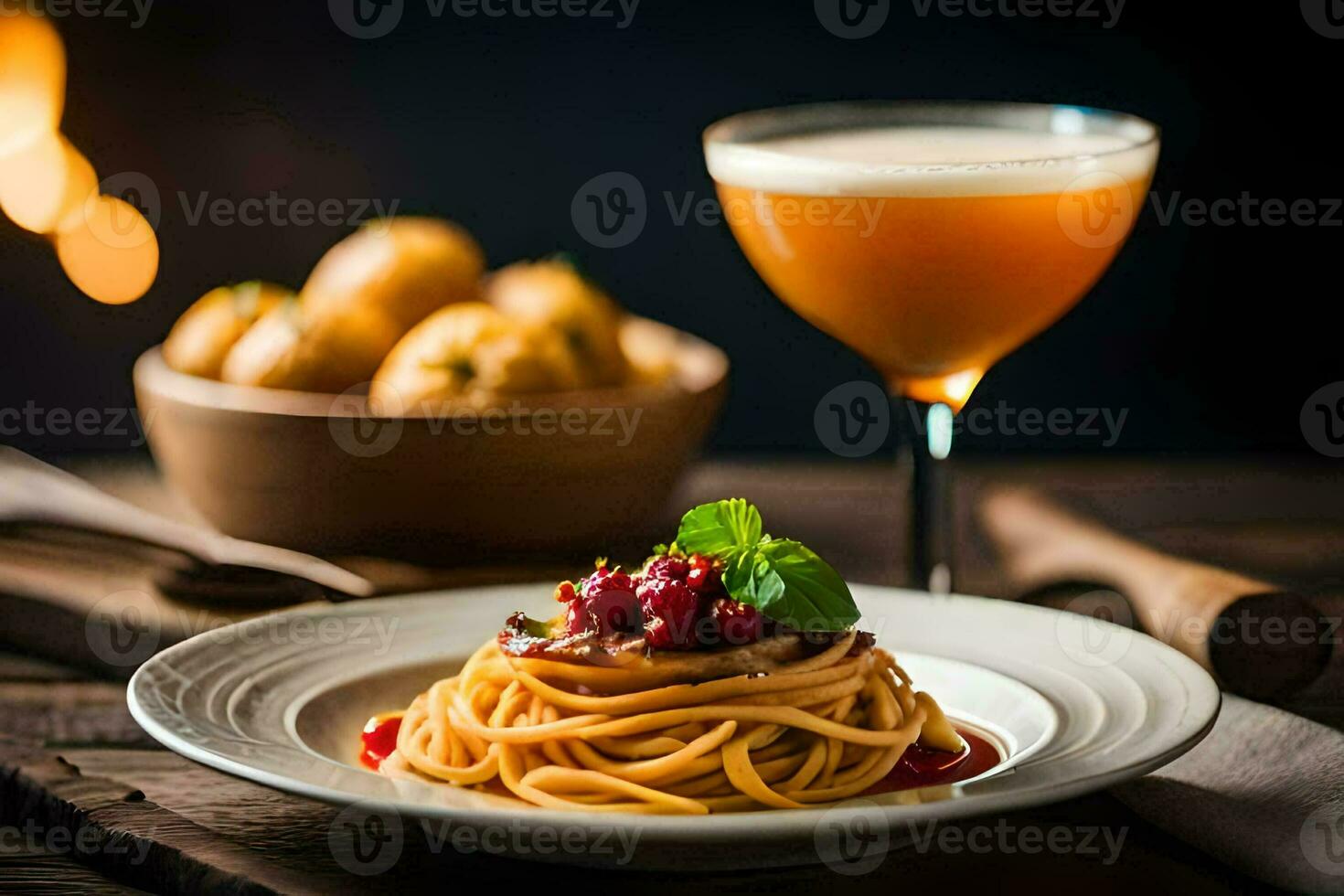 spaghetti med tomat sås och köttbullar på en tallrik. ai-genererad foto