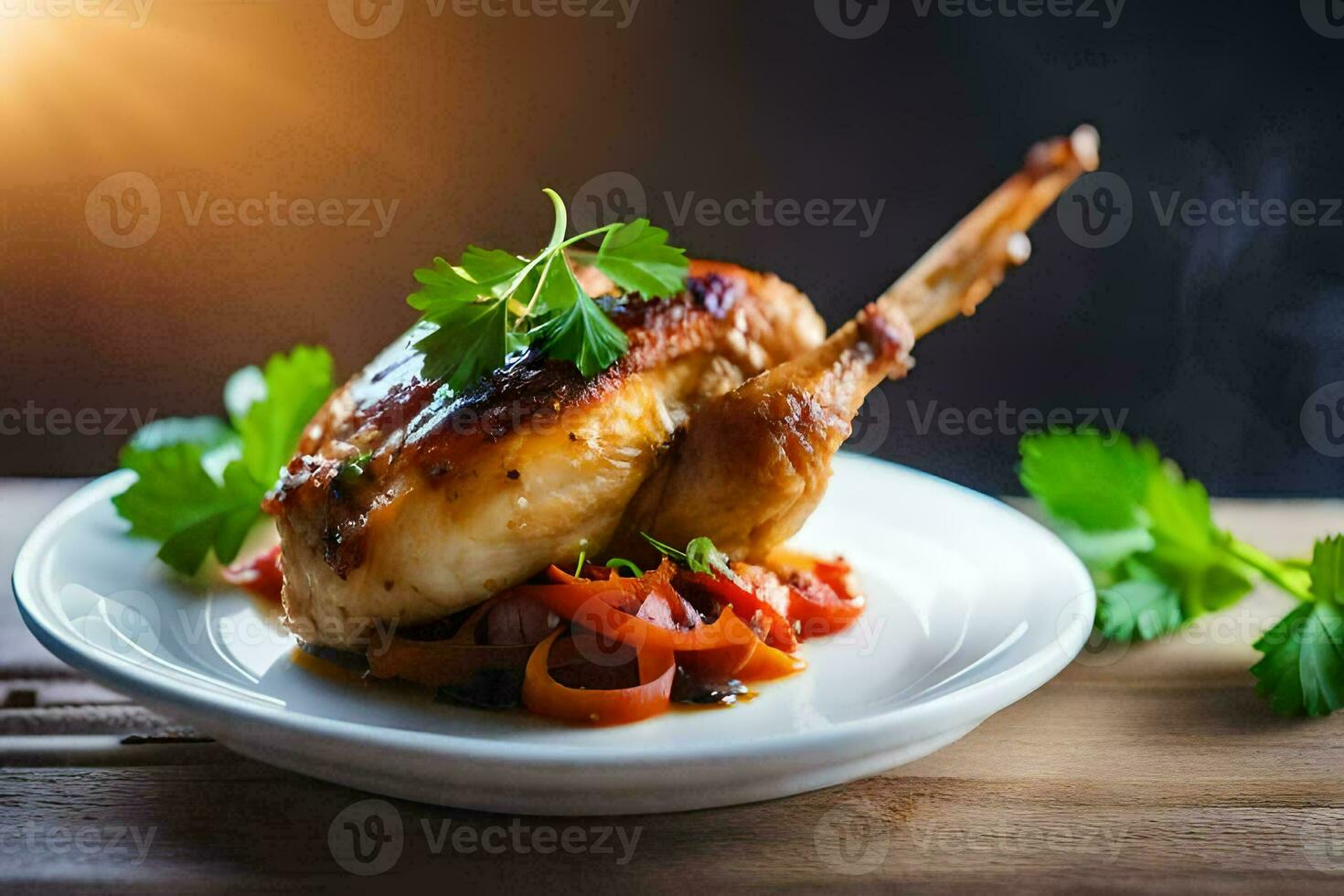 en kyckling på en tallrik med grönsaker och örter. ai-genererad foto