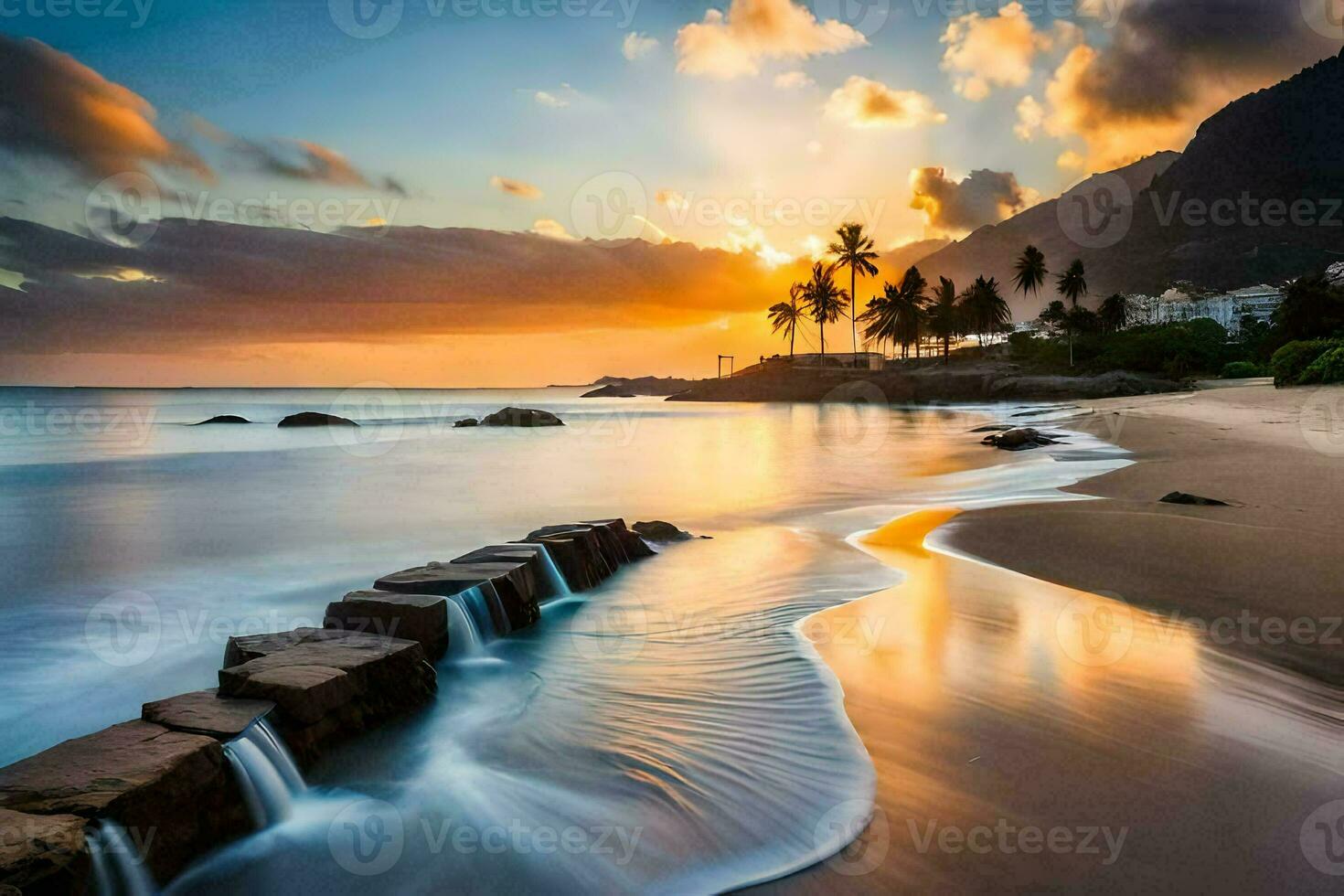 en skön solnedgång på de strand med vågor kraschar in i de vatten. ai-genererad foto