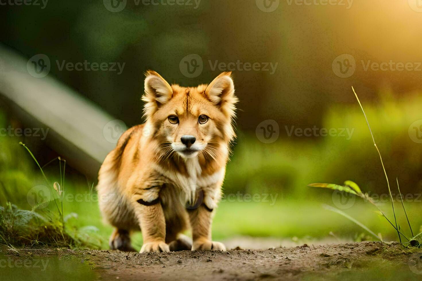 en små hund är stående på en smuts väg. ai-genererad foto