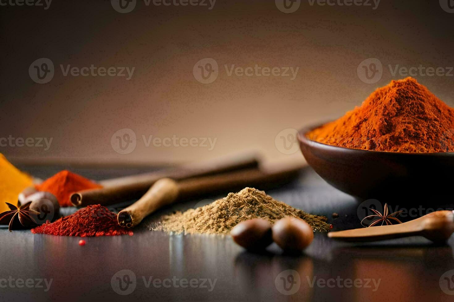 kryddor och kryddor på en trä- tabell. ai-genererad foto