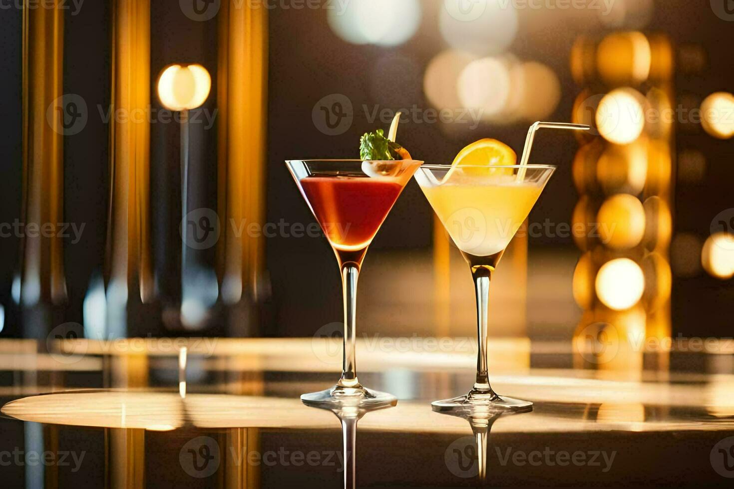 två cocktails på en bar disken med lampor i de bakgrund. ai-genererad foto