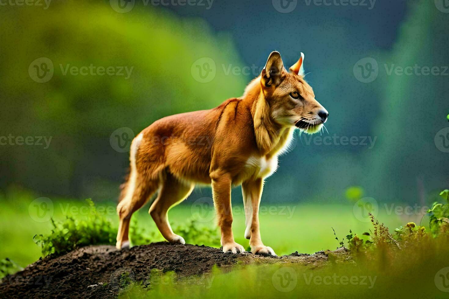 en hund stående på topp av en kulle i de gräs. ai-genererad foto