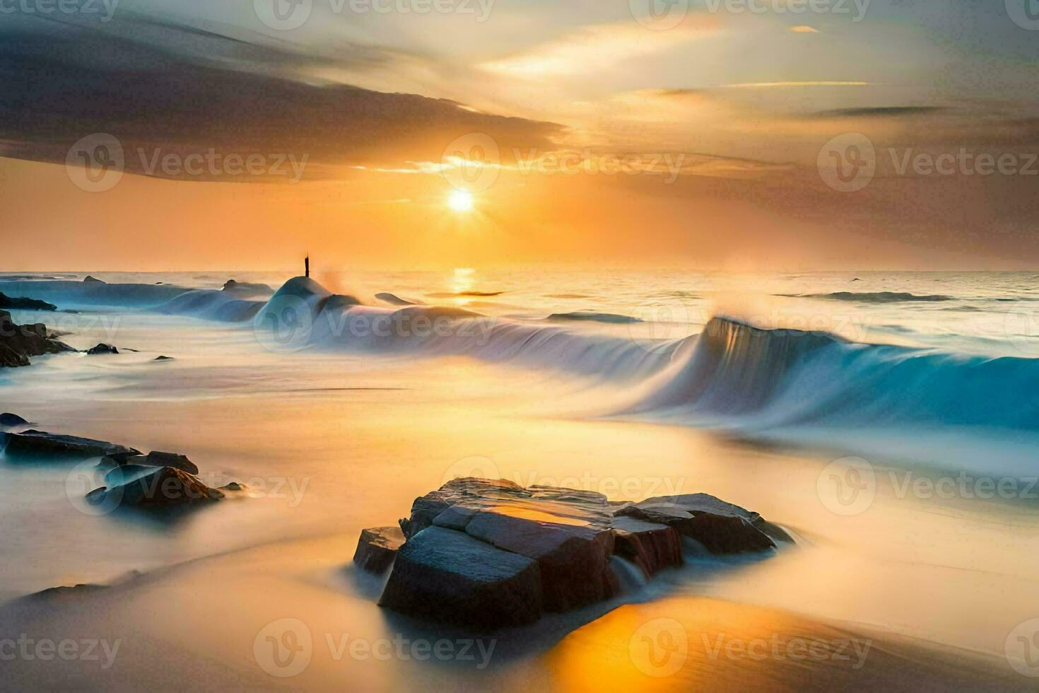 en lång exponering fotografera av vågor kraschar på de strand. ai-genererad foto