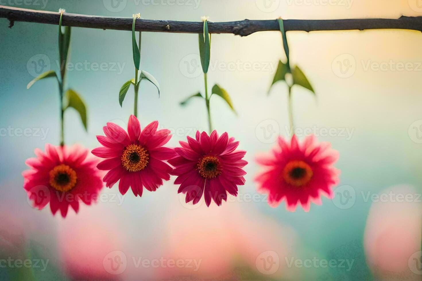 tre rosa blommor hängande från en gren. ai-genererad foto