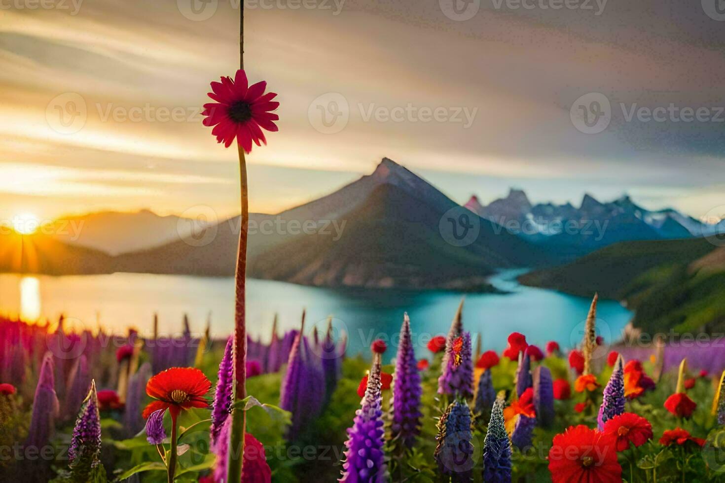 de blommor är i blomma i främre av en sjö och berg. ai-genererad foto