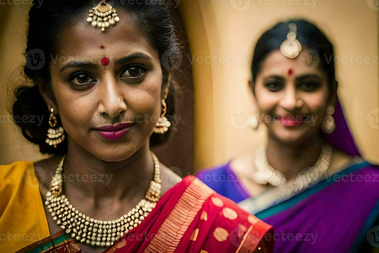 två kvinnor i traditionell saris med guld Smycken. ai-genererad foto