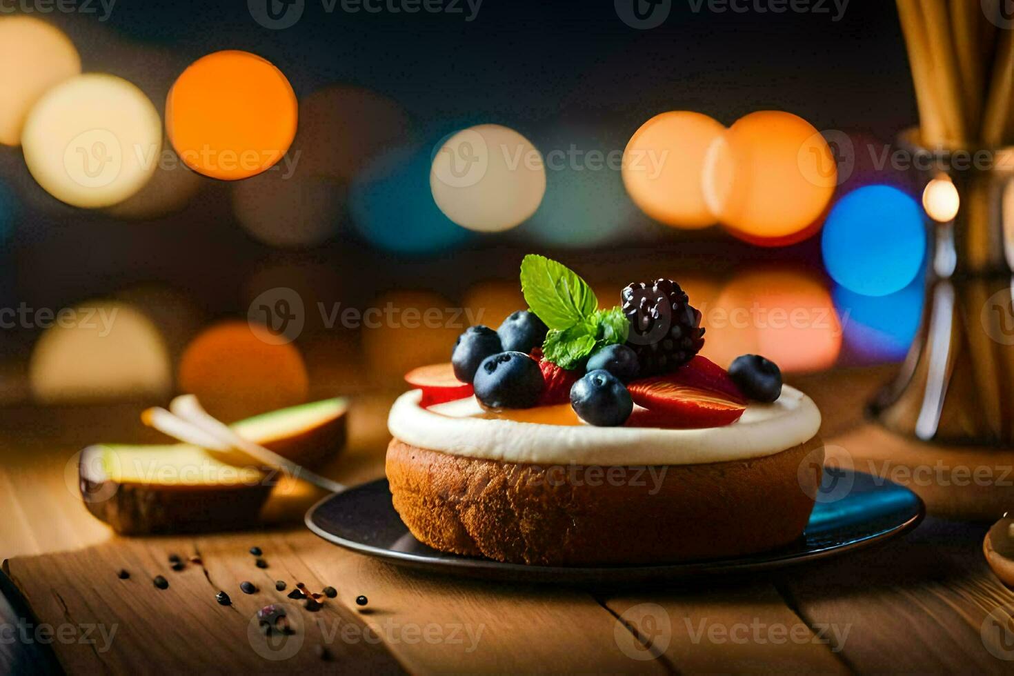 en kaka med bär och grädde på en trä- tabell. ai-genererad foto
