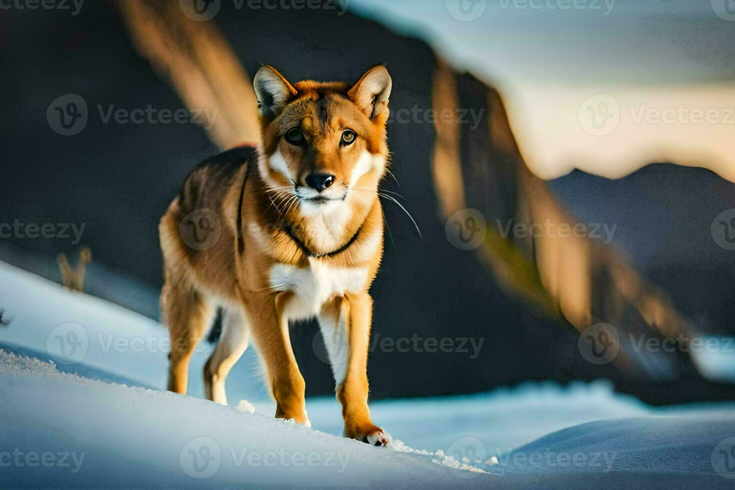 en hund stående på topp av en snöig berg. ai-genererad foto