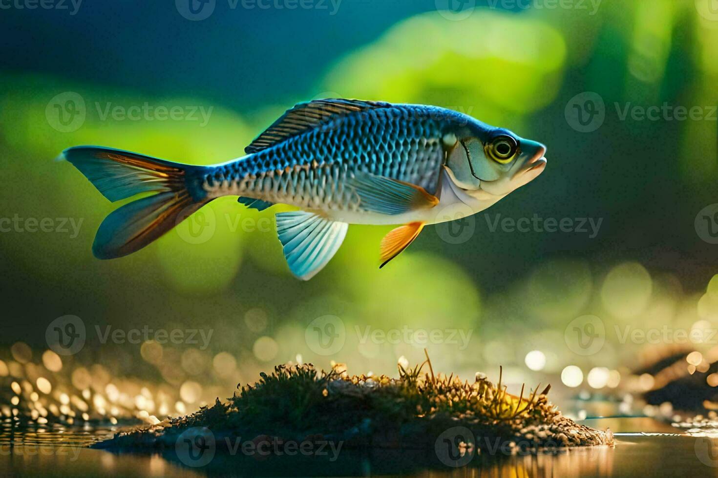 en fisk är flygande över vatten i de solljus. ai-genererad foto