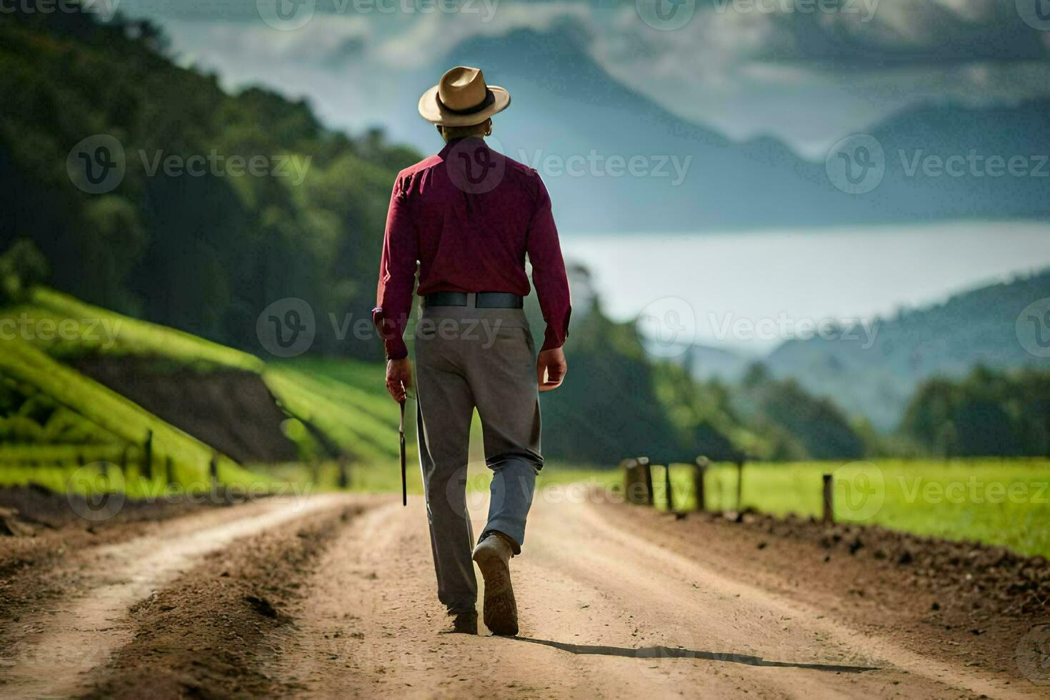 en man i en hatt promenader ner en smuts väg. ai-genererad foto