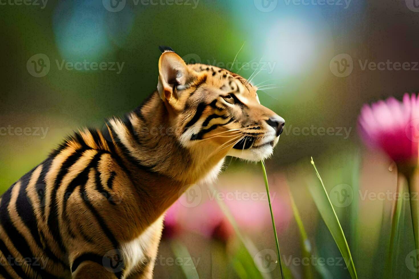 en tiger är stående i de gräs med rosa blommor. ai-genererad foto
