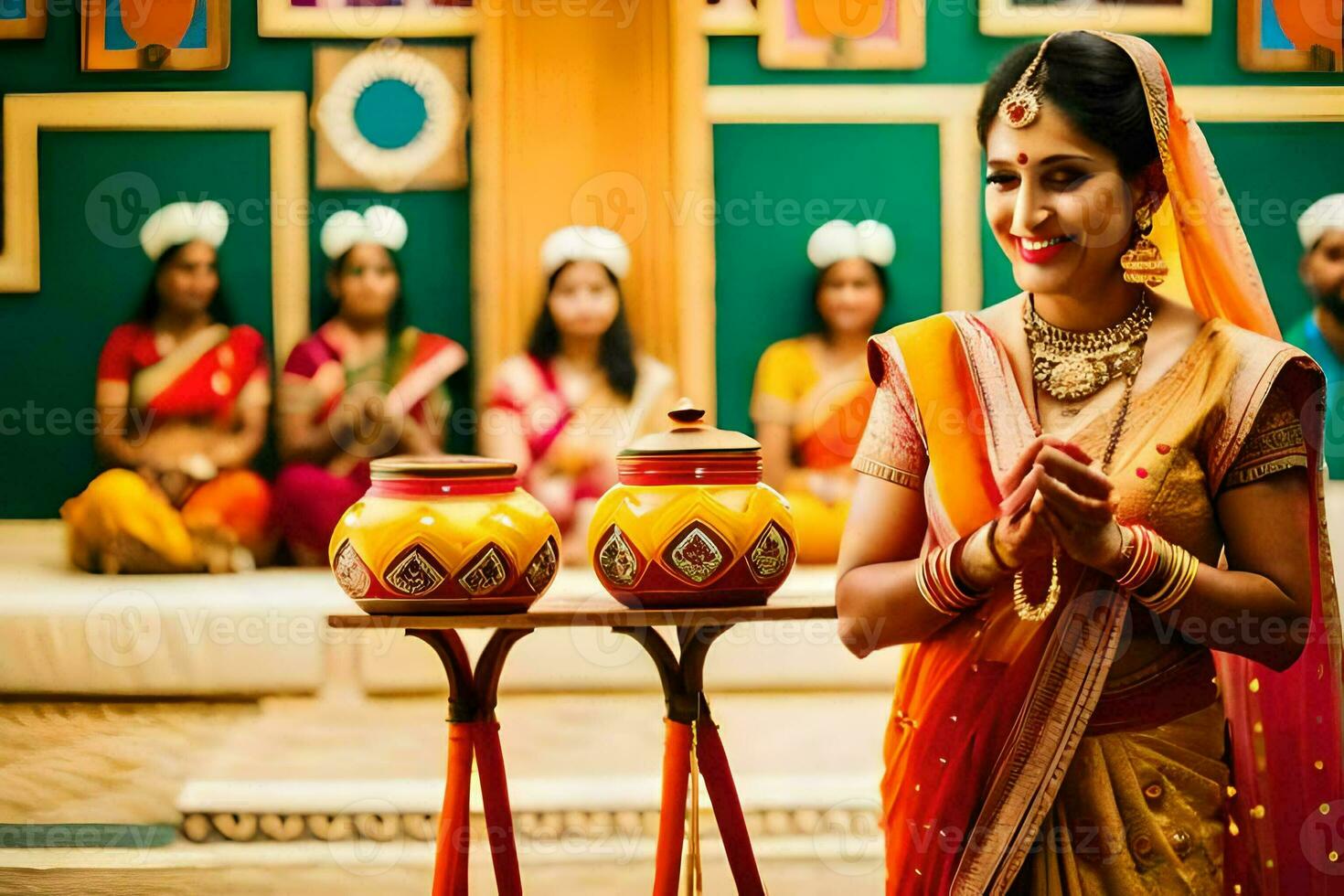 en kvinna i traditionell indisk klädsel är stående i främre av en tabell med två krukor. ai-genererad foto
