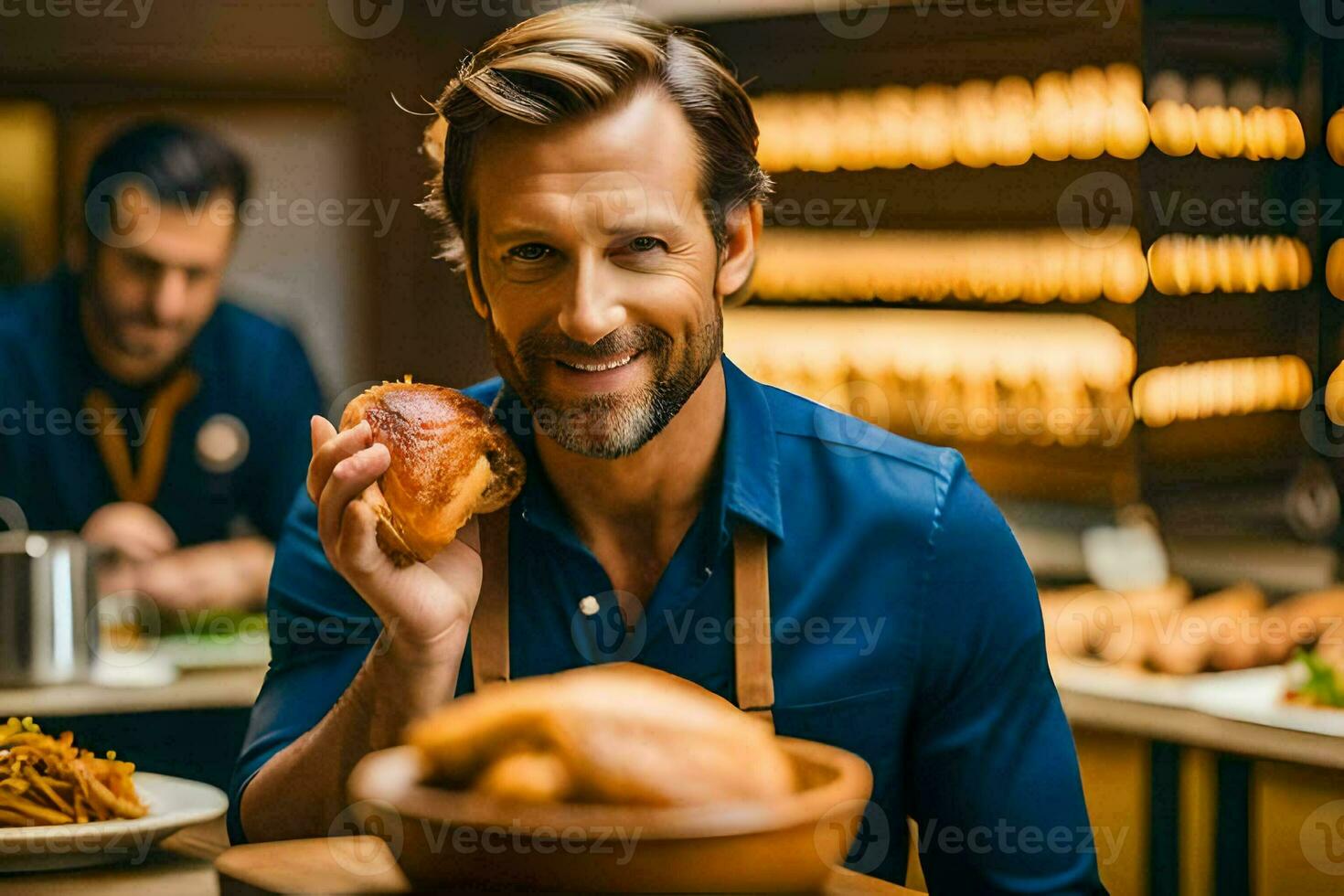 en man är innehav en smörgås i en restaurang. ai-genererad foto