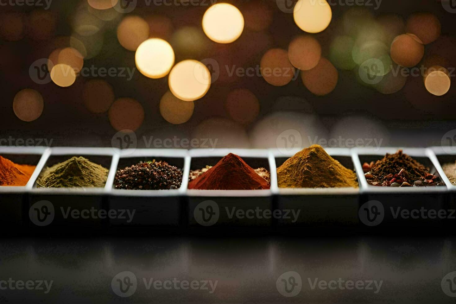 fem annorlunda kryddor i en behållare på en tabell. ai-genererad foto