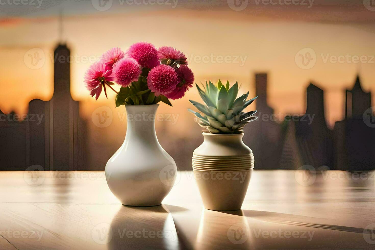 två vaser med rosa blommor och en stad i de bakgrund. ai-genererad foto